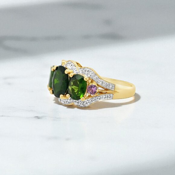 Chrome Diopside, Pink Sapphire, and Diamond Ring in 14kt Yellow Gold - Picture 2 of 3